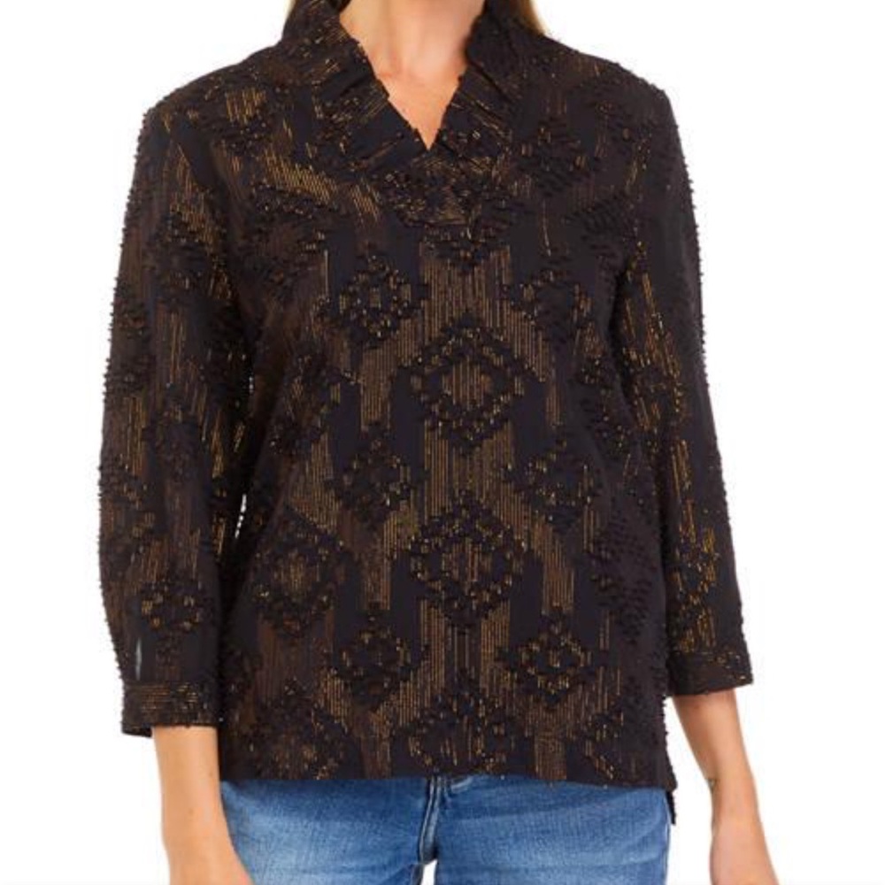 NWT Crown & Ivy Elegant Black and Gold Women's Ruffle Neck Top